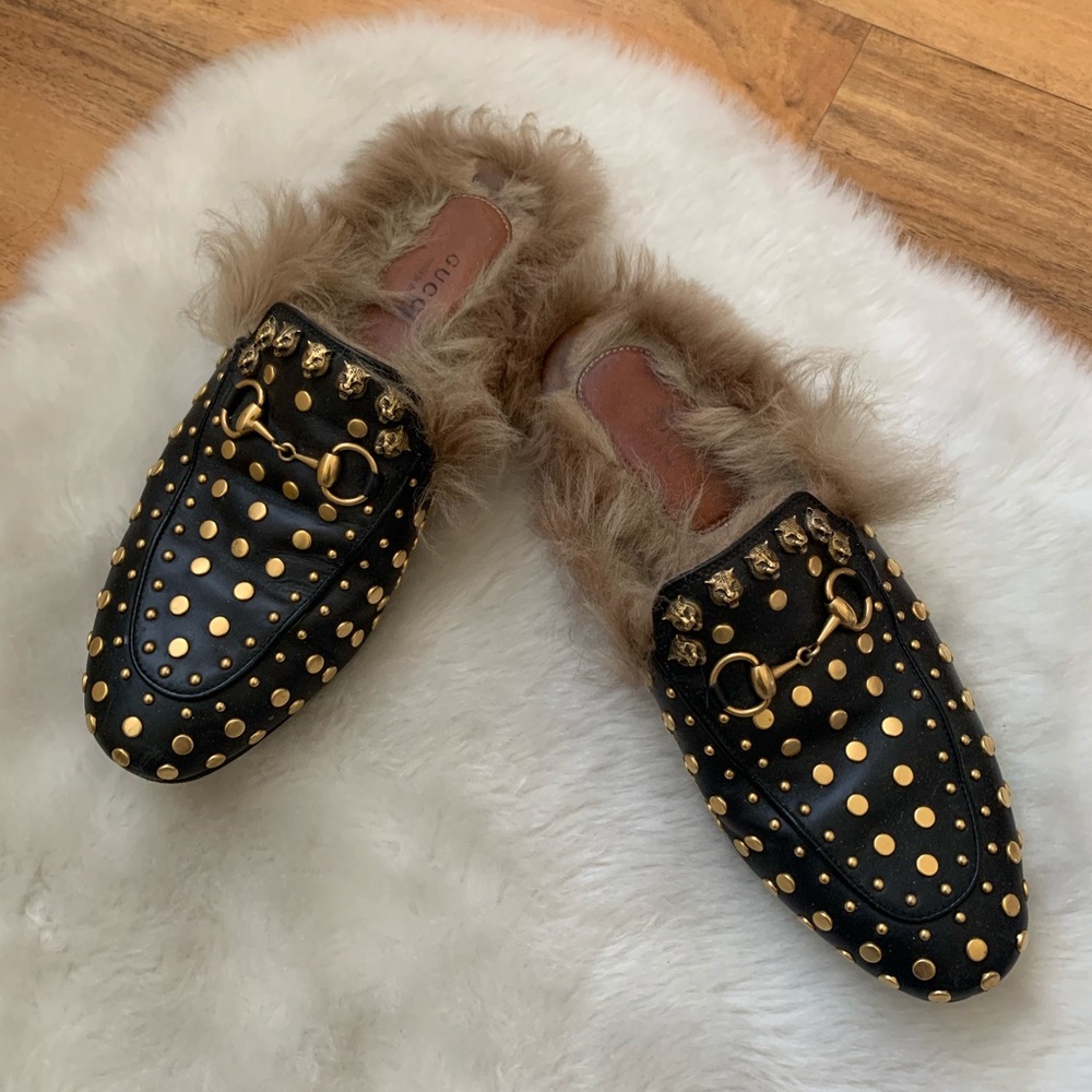 Gucci Princetown Fur Studded Womens Mules Size 7